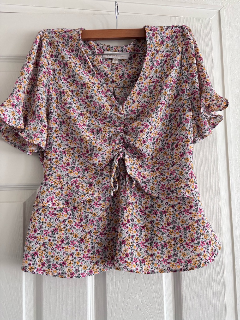 Monteau Pink Multi Floral Drawstring V-Neck Blouse